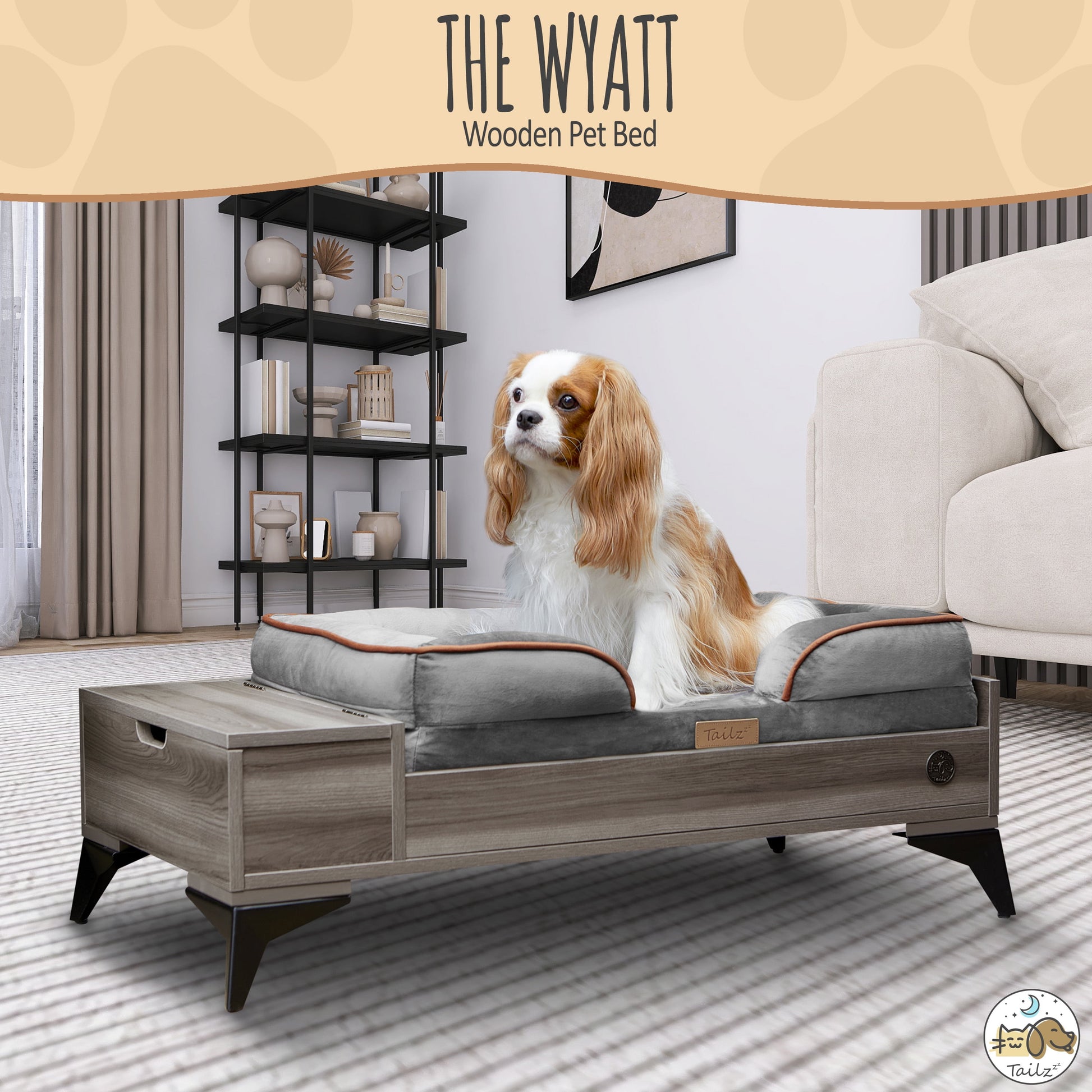 Wyatt Wooden Pet Bed with Mattress | Small to Medium Pet Bed with Mattress | Elevated Pet Bed | Wooden Pet Bed with Storage | Greenguard Gold Certified Wooden Pet Bed Pet's Supplies |