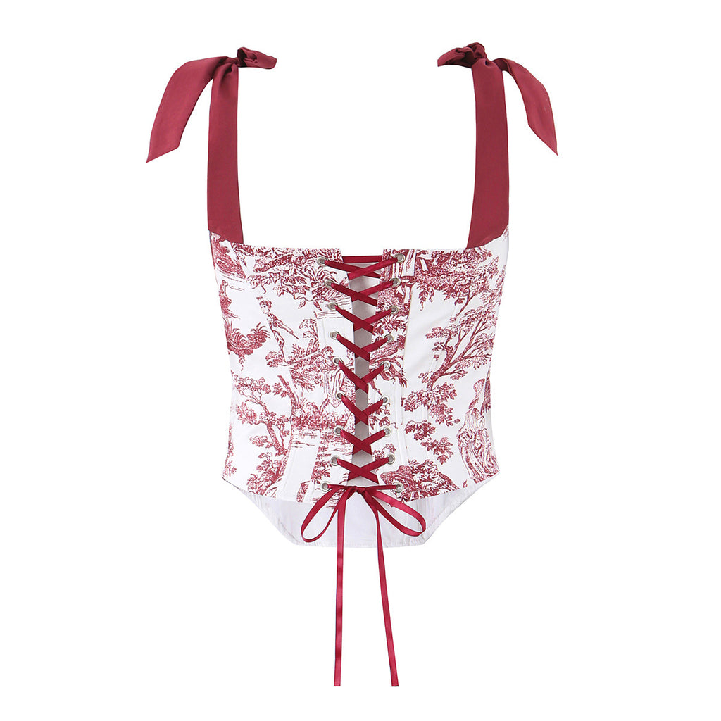 Island Fresh Blue Pattern Bow Corset Strap Top  Sexy Fitted Crop Top Bodysuit
