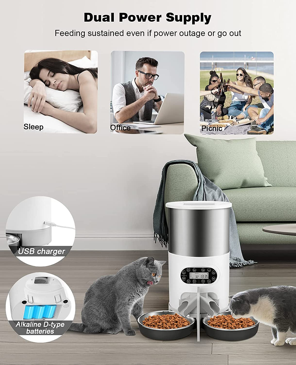 Automatic Cat Feeders, 304 Stainless Steel Timed Cat Food Dispenser for 2 Cats & Small Dog, 4.5L Pet Feeder with 2-Way Splitter, 1-4 Meals Portion Control,10S Voice Recorder, Dual Power Supply Pet's Supplies |