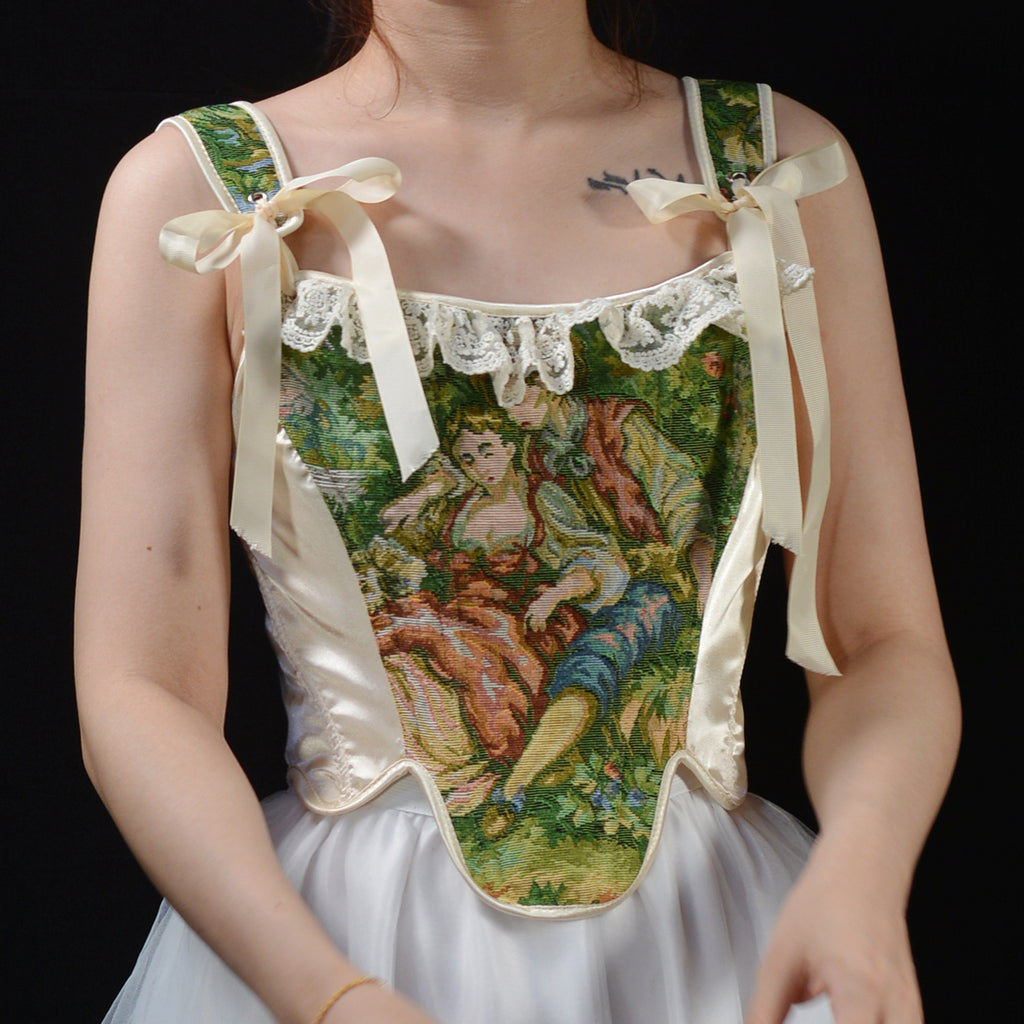 Oil Painting Color Matching Lace Top French Folded Vest Fishbone Corset Top