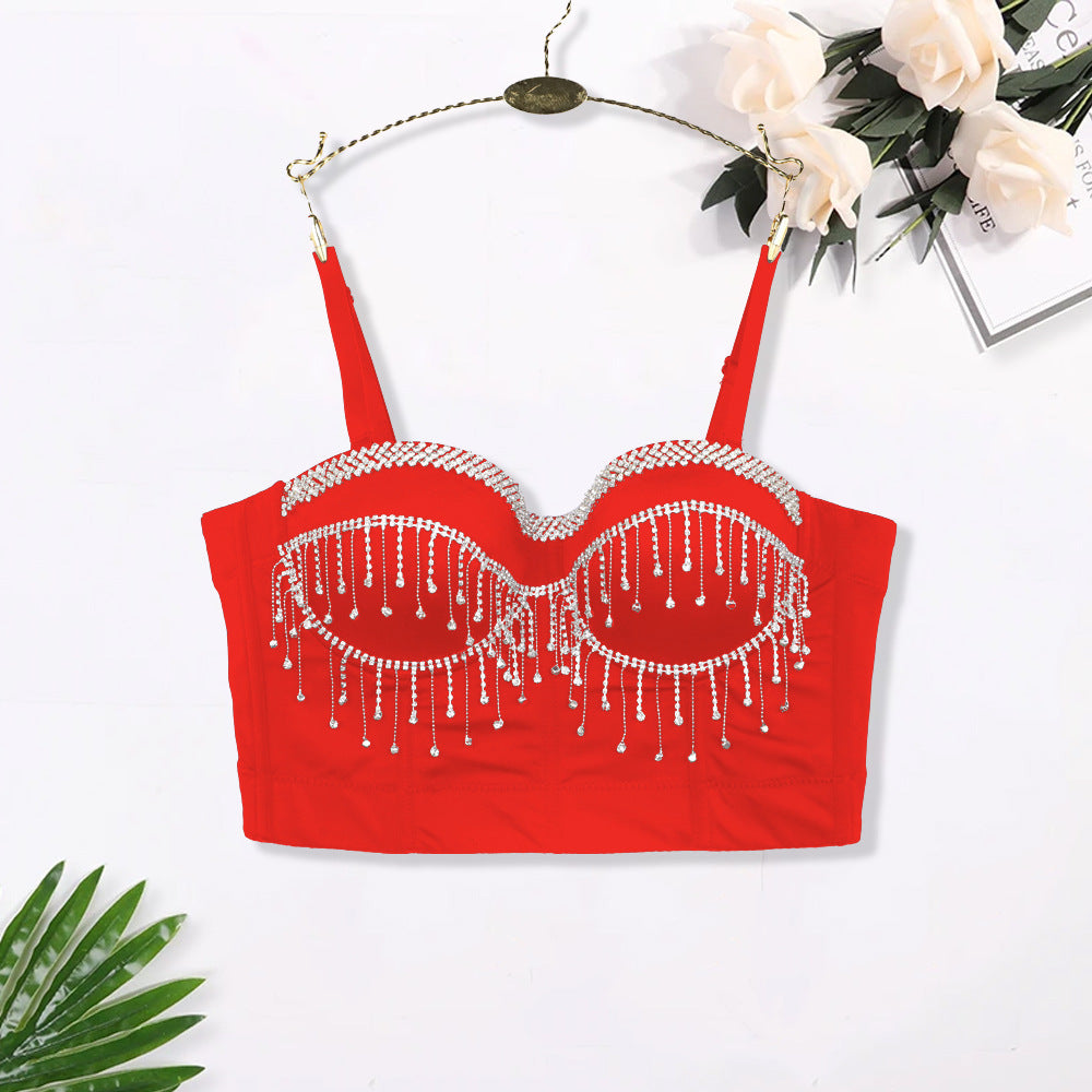 Sexy Spaghetti Strap Corset with Rhinestones and Tassels