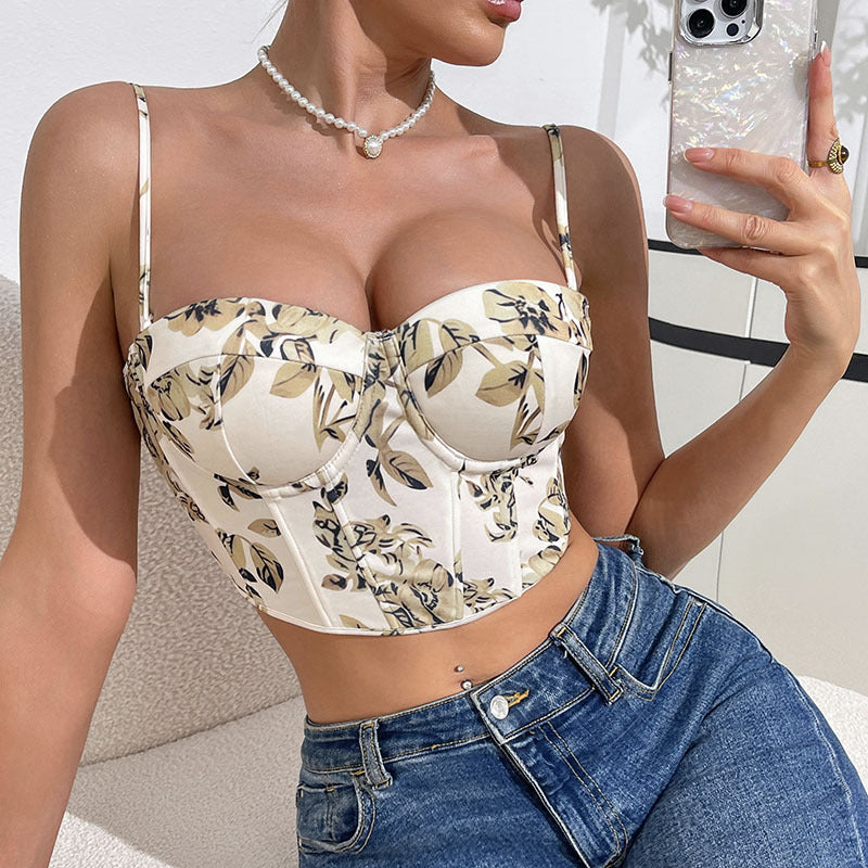 Sexy floral crop top with exposed navel retro printed vest fishbone corset