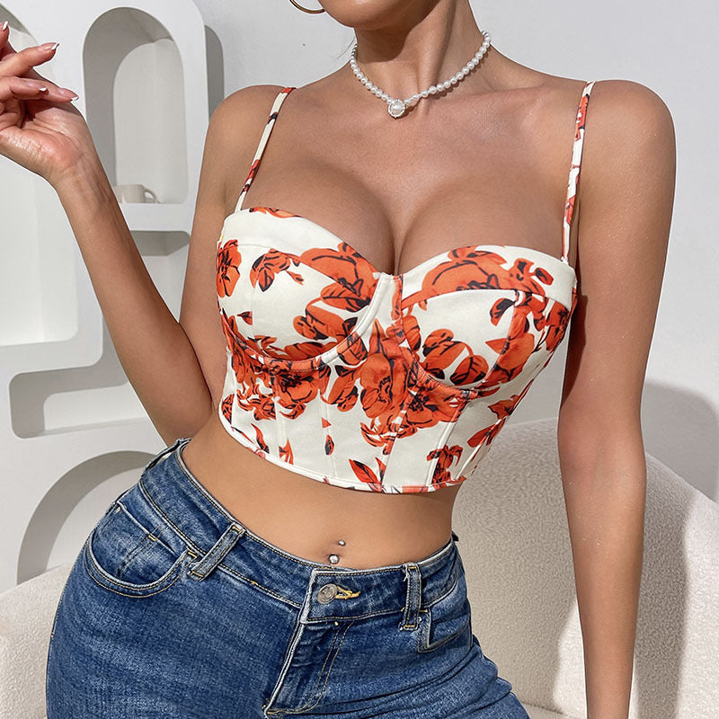 Sexy floral crop top with exposed navel retro printed vest fishbone corset
