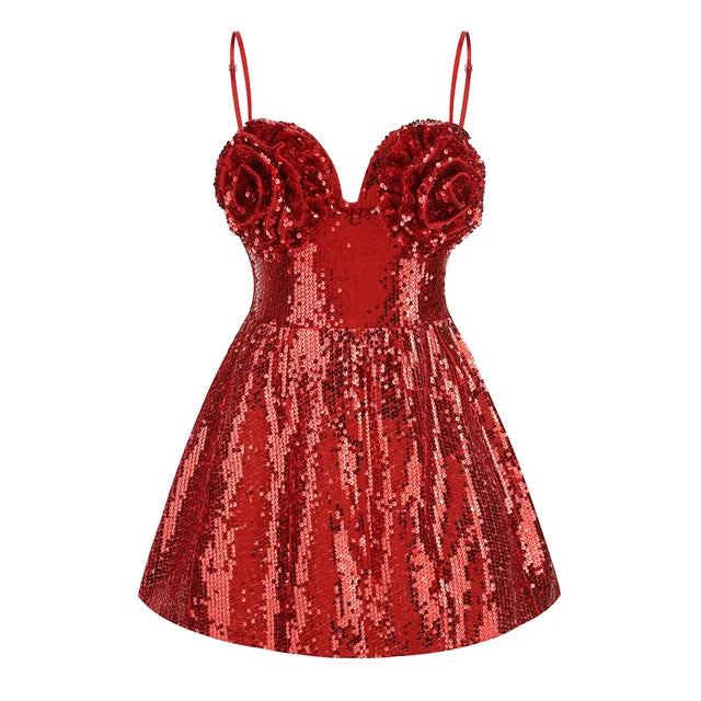 New Women's Brown Wine Red Sexy Sleeveless Flower Detail Sequin A-Line Tight Corset Mini Dress Elegant Party Dress