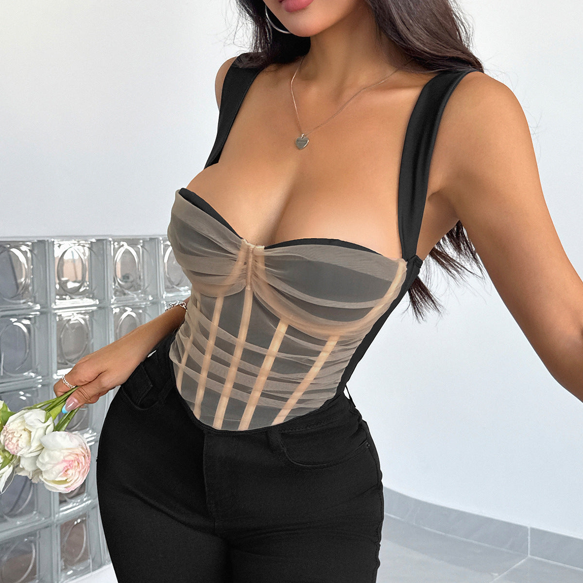Sexy mesh see through patchwork contrasting chest cotton fishbone corset vest