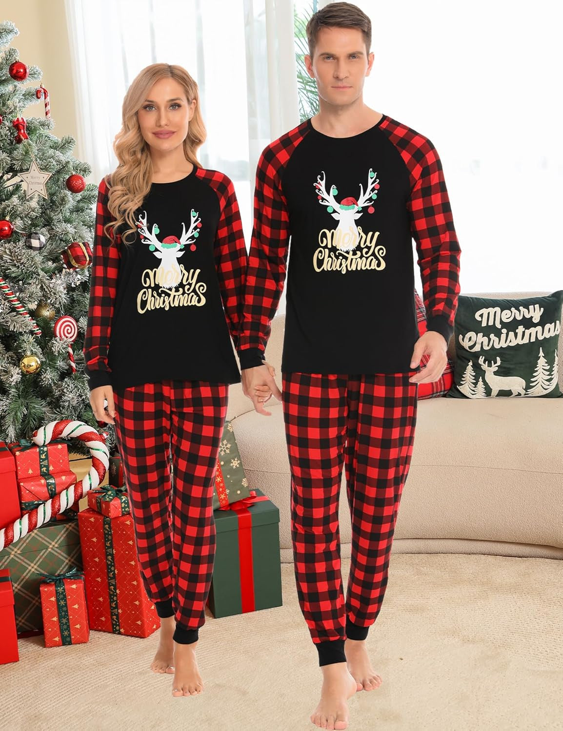 Christmas Matching Couple Pajamas Sets Family Xmas Jammies Casual Long-Sleeve Sleepwear Sets Festival PJ Set