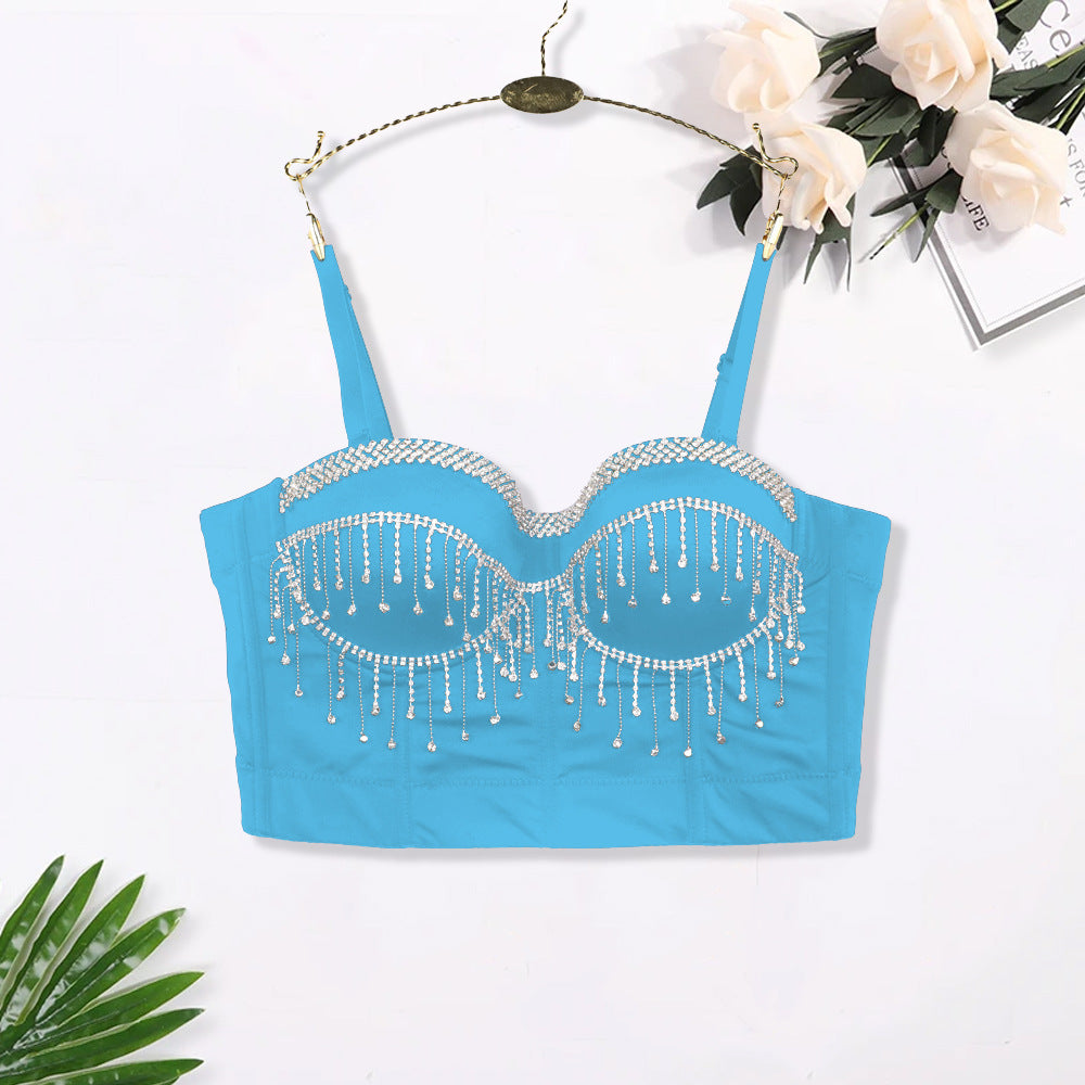 Sexy Spaghetti Strap Corset with Rhinestones and Tassels
