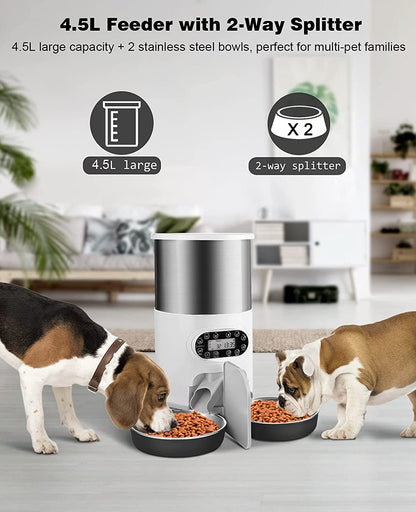 Automatic Cat Feeders, 304 Stainless Steel Timed Cat Food Dispenser for 2 Cats & Small Dog, 4.5L Pet Feeder with 2-Way Splitter, 1-4 Meals Portion Control,10S Voice Recorder, Dual Power Supply Pet's Supplies |