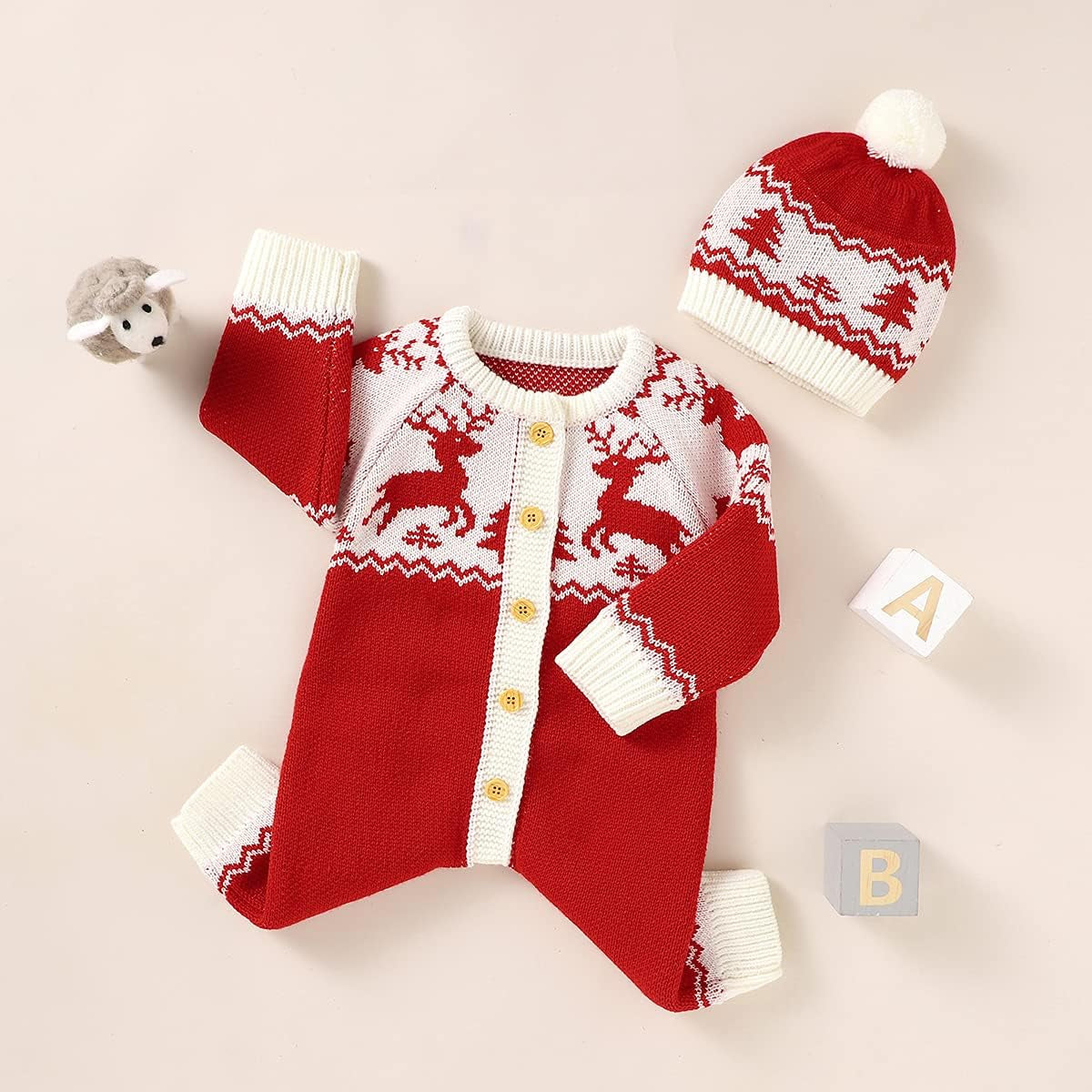 Baby Christmas Sweater Toddler Reindeer Jumpsuit 0-18 Months Baby Girl Christmas Outfit Baby Boy Clothes with Hat (Red, 0-3 Months)