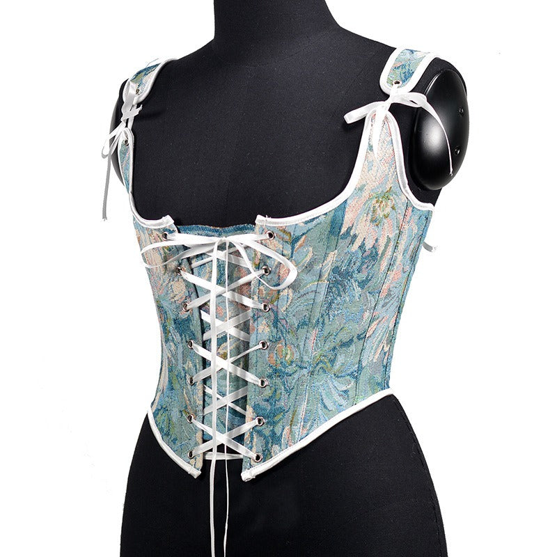 Ink Chrysanthemum Jacquard Half Pack Chest Strap Vintage Corset Waist Tie