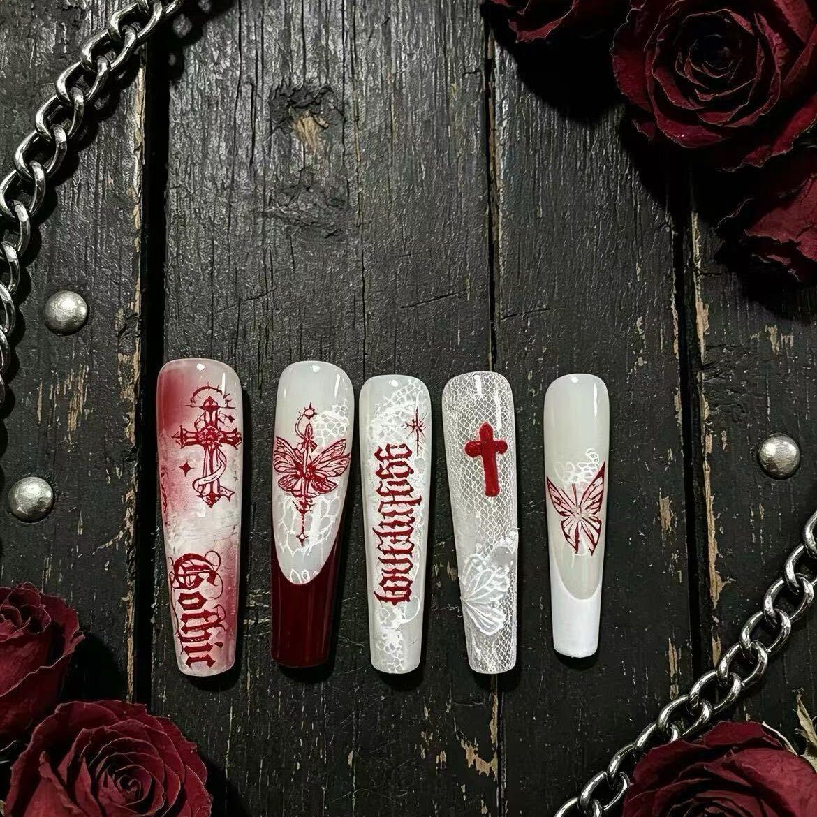 Gothic Butterfly Festival wearing long ladder nail stickers