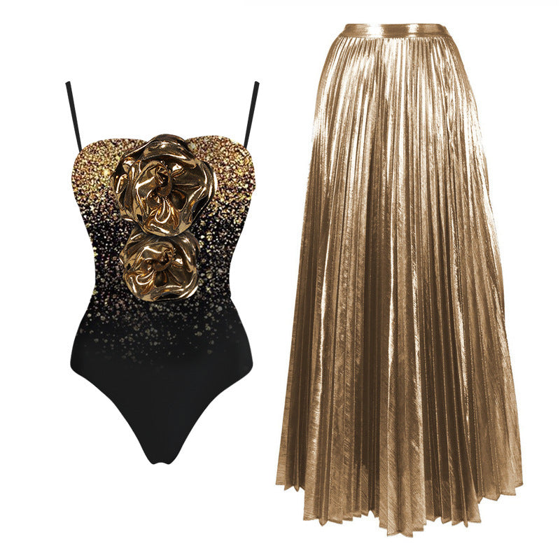 One-Shoulder Corset Ruffle Sequin Printed Swimsuit Set for Women