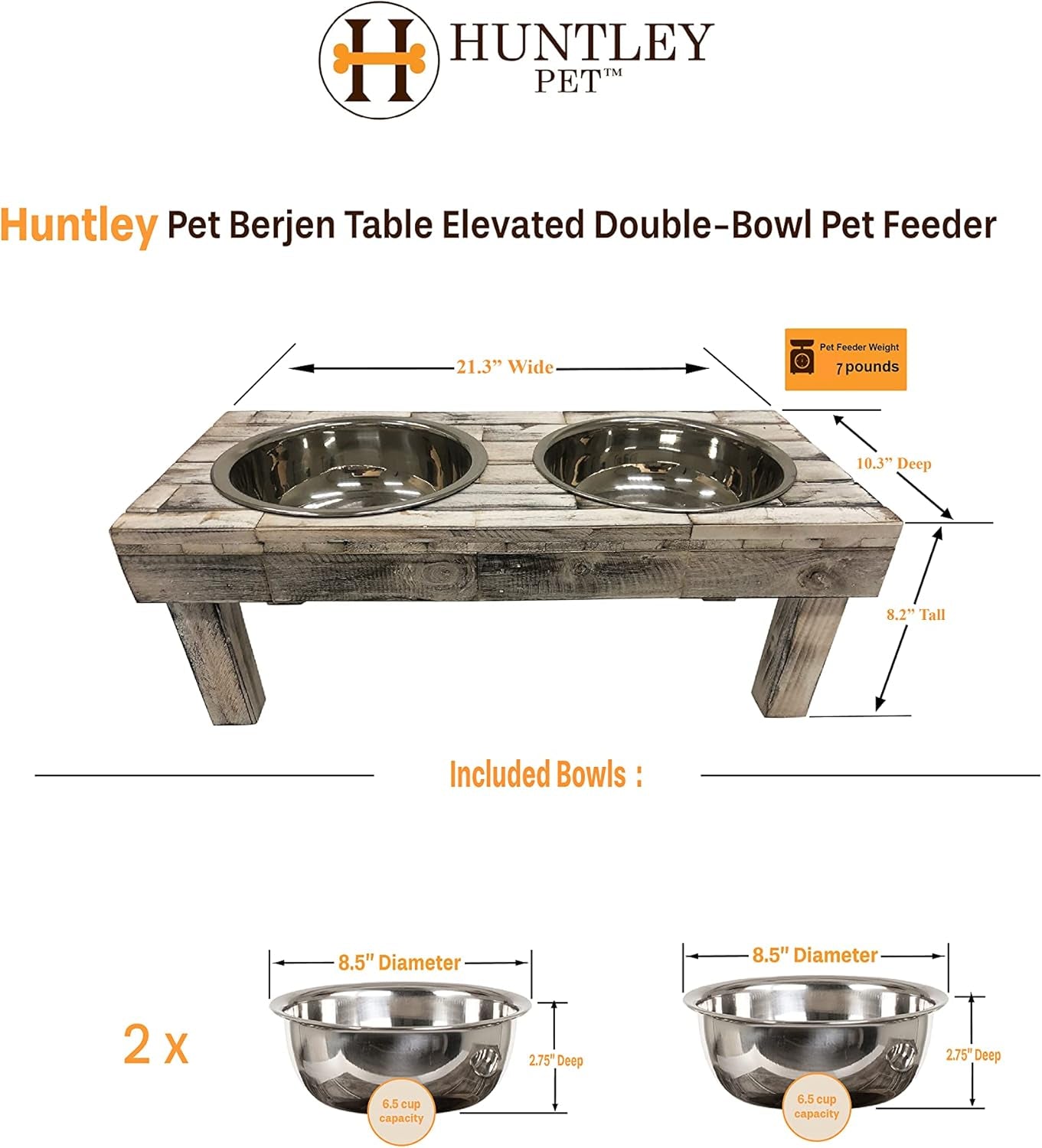 Pet Berjen Table Elevated Double Bowl Feeder, White Wash (Large) Pet's Supplies |