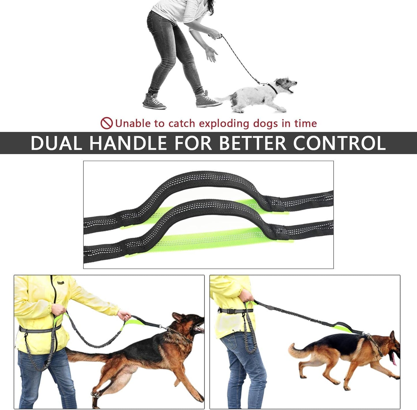 Hands Free Dog Leash, Suitable for Running Walking Jogging Hiking, Training for Small Medium and Large Dogs, Adjustable Waist Belt, Dual-Handle Reflective Bungee, Zipper Pouch. (Black W Green) Pet's Supplies |