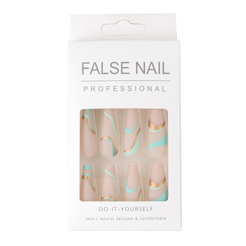 Gold Line Wave Pattern Long Ballet Press-On Nails | Frosted Matte Contrast Color Nail Art Set