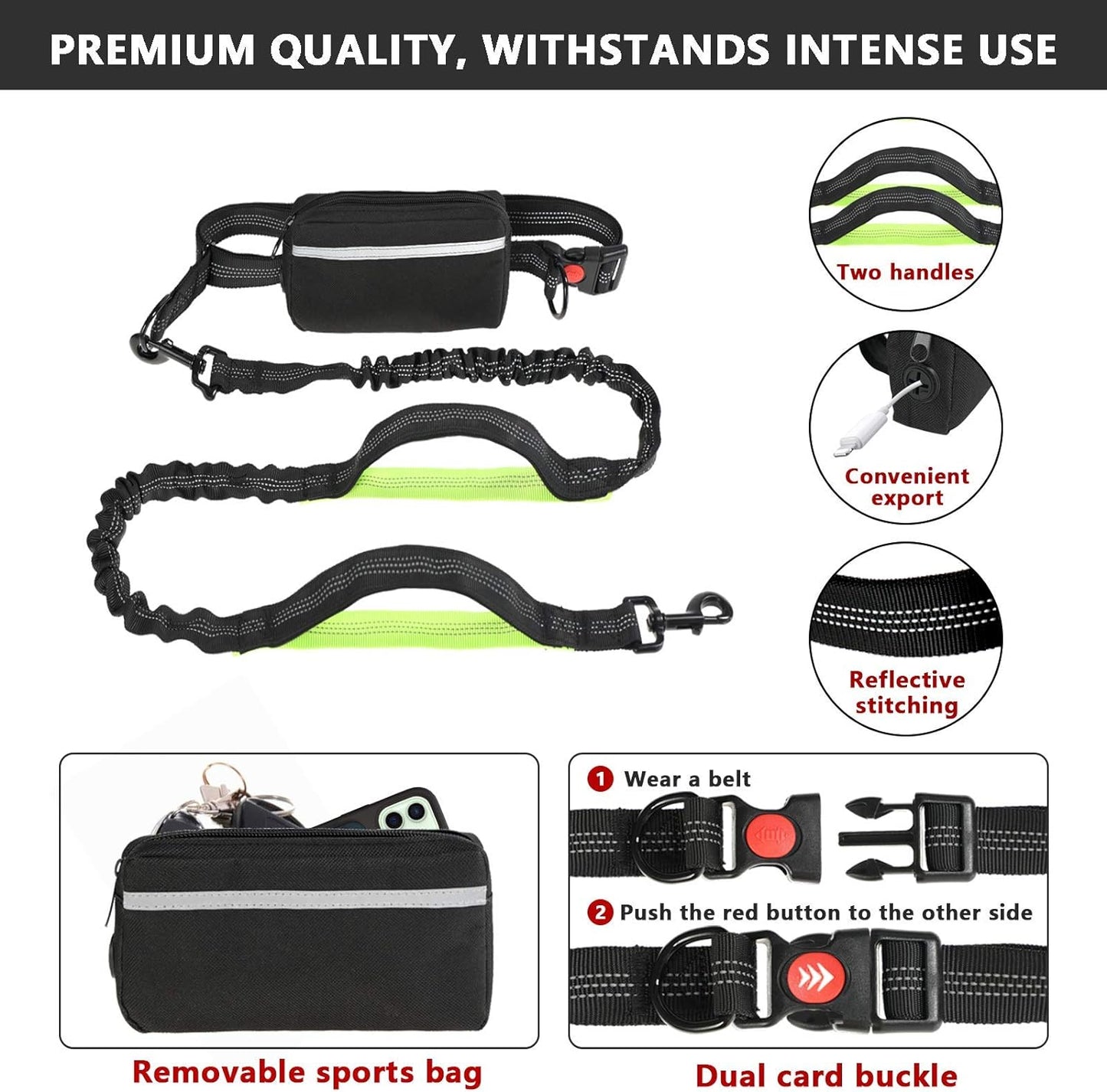 Hands Free Dog Leash, Suitable for Running Walking Jogging Hiking, Training for Small Medium and Large Dogs, Adjustable Waist Belt, Dual-Handle Reflective Bungee, Zipper Pouch. (Black W Green) Pet's Supplies |