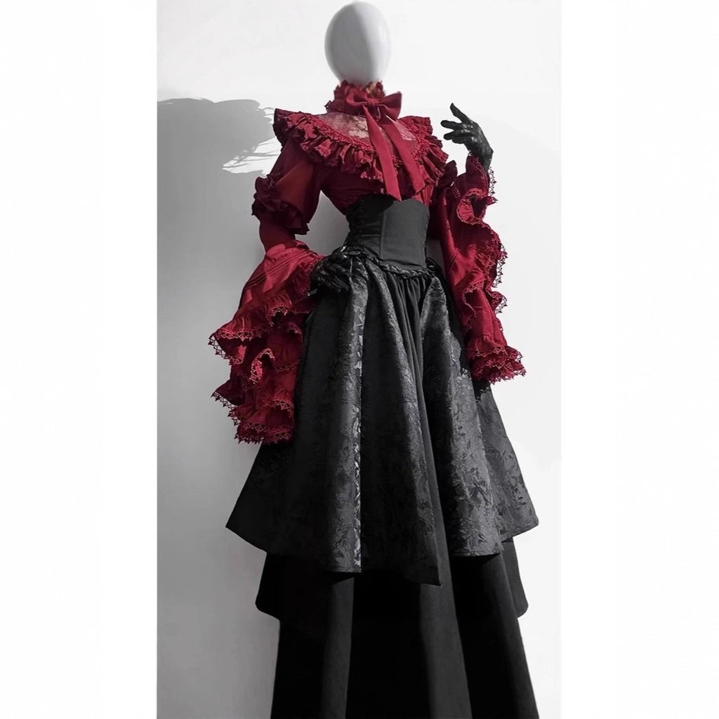 Halloween Gothic Lolita Shirt Corset Skirt Set with Princess Sleeves, Elegant and Lavish Two-Piece Outfit for Women