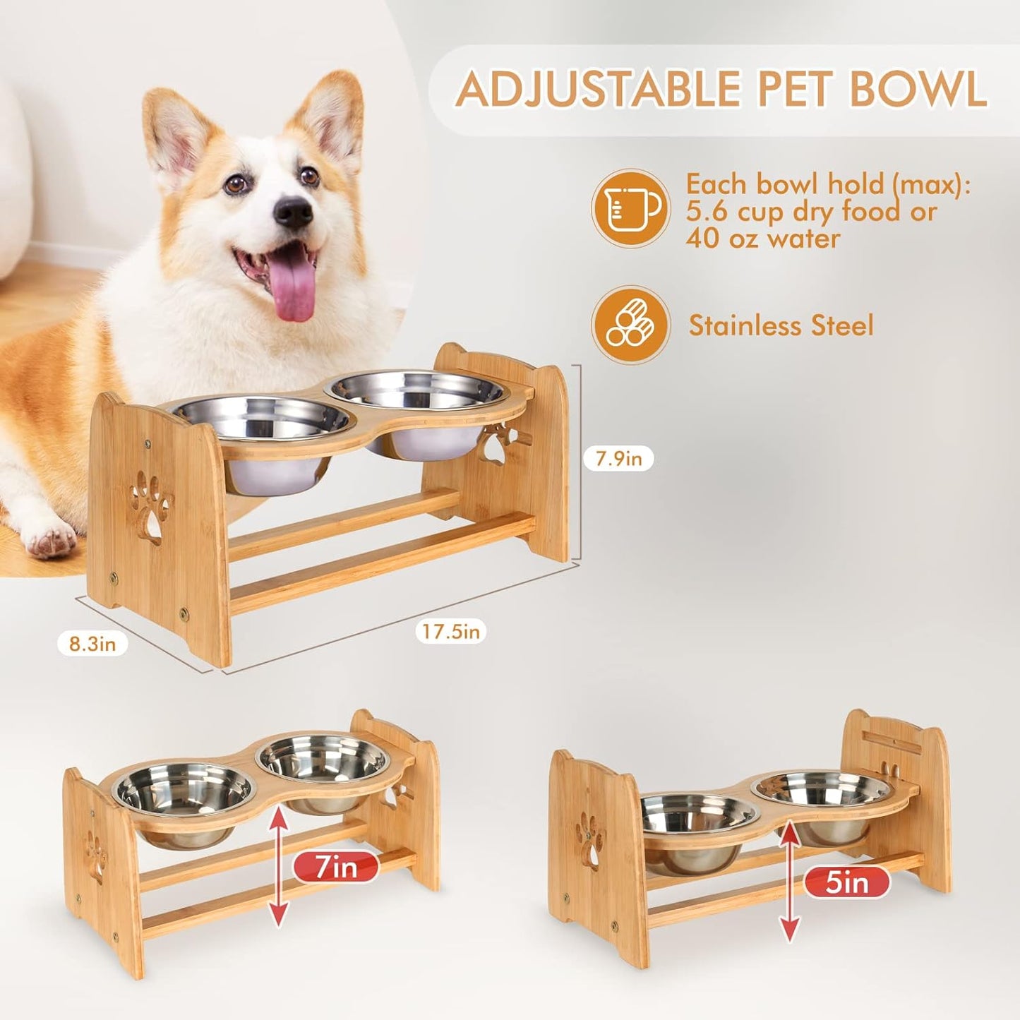 Elevated Dog Bowls for Cats and Dogs, Adjustable Bamboo Raised Dog Bowls for Medium Dog, Food and Water Set Stand Feeder with 2 Stainless Steel Bowls and anti Slip Feet (Height 4.7" to 7") Pet's Supplies |