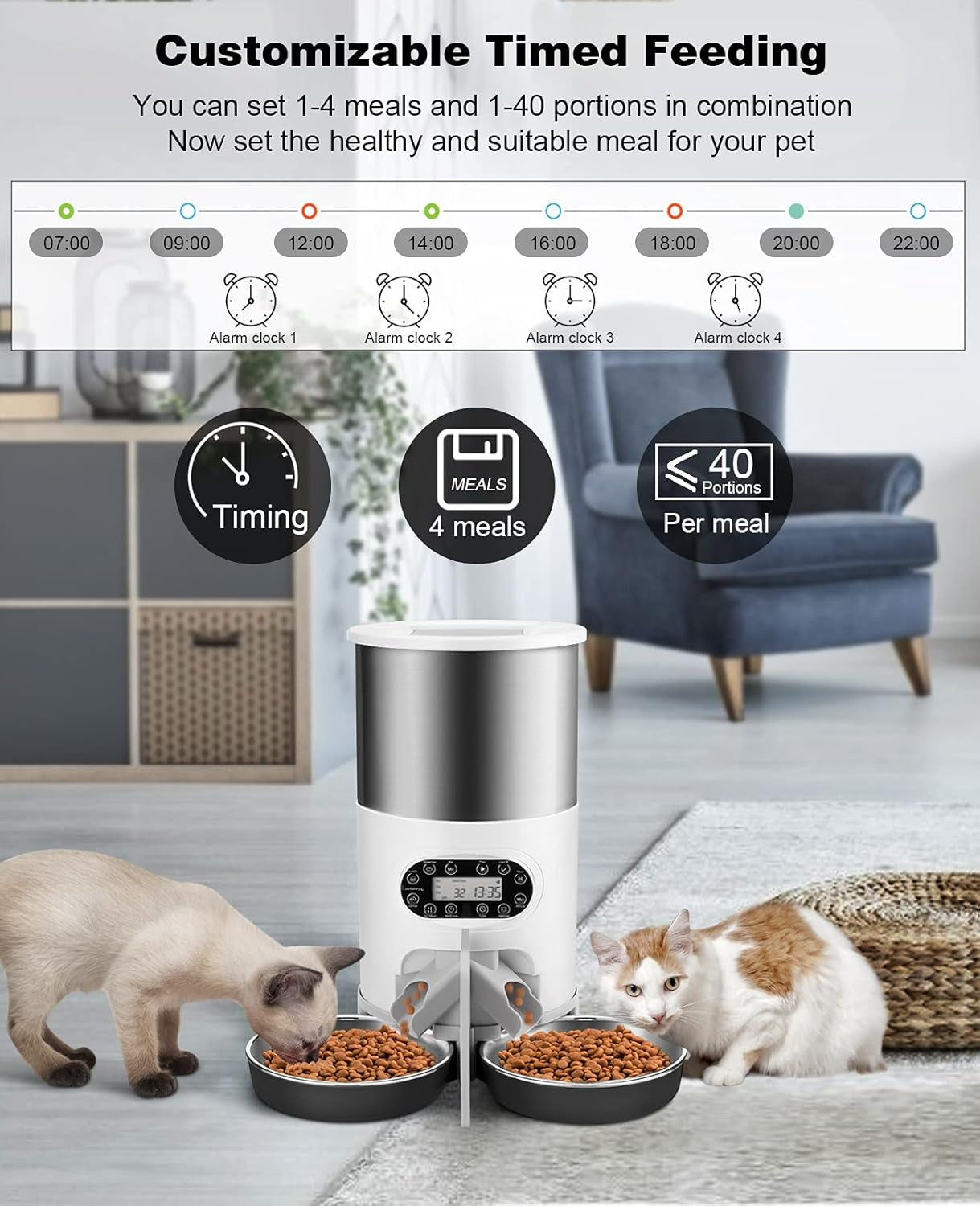 Automatic Cat Feeders, 304 Stainless Steel Timed Cat Food Dispenser for 2 Cats & Small Dog, 4.5L Pet Feeder with 2-Way Splitter, 1-4 Meals Portion Control,10S Voice Recorder, Dual Power Supply Pet's Supplies |