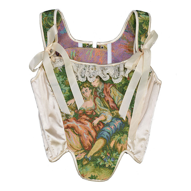 Oil Painting Color Matching Lace Top French Folded Vest Fishbone Corset Top