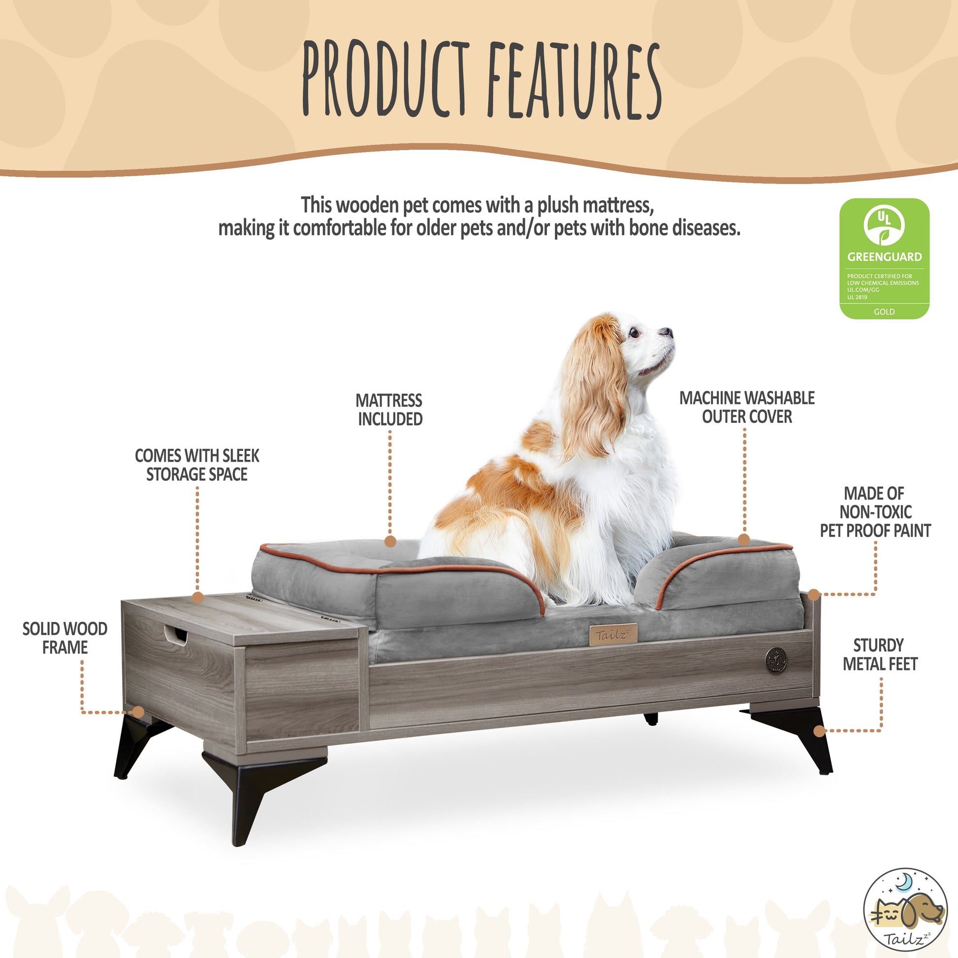 Wyatt Wooden Pet Bed with Mattress | Small to Medium Pet Bed with Mattress | Elevated Pet Bed | Wooden Pet Bed with Storage | Greenguard Gold Certified Wooden Pet Bed Pet's Supplies |