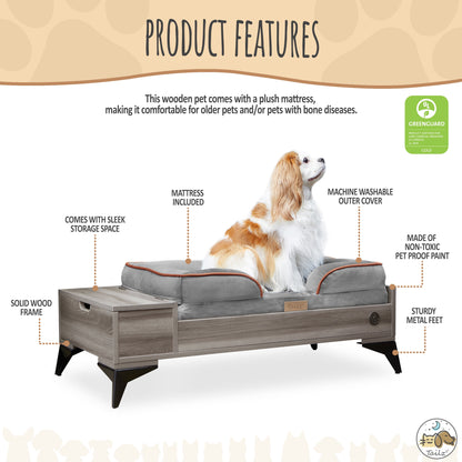 Wyatt Wooden Pet Bed with Mattress | Small to Medium Pet Bed with Mattress | Elevated Pet Bed | Wooden Pet Bed with Storage | Greenguard Gold Certified Wooden Pet Bed Pet's Supplies |