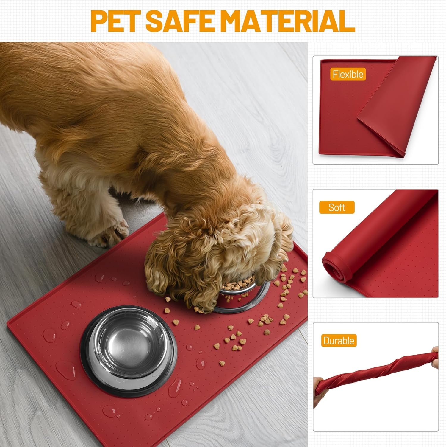 Dog Feeding Mat,100% Waterproof BPA Free Silicone Pet Food and Water Bowl Placemat,Dishwasher, High Raised Edge to Prevent Spills,Nonslip Tray to Stop Messes on Floor (19"X12"X0.5", Red) Pet's Supplies |