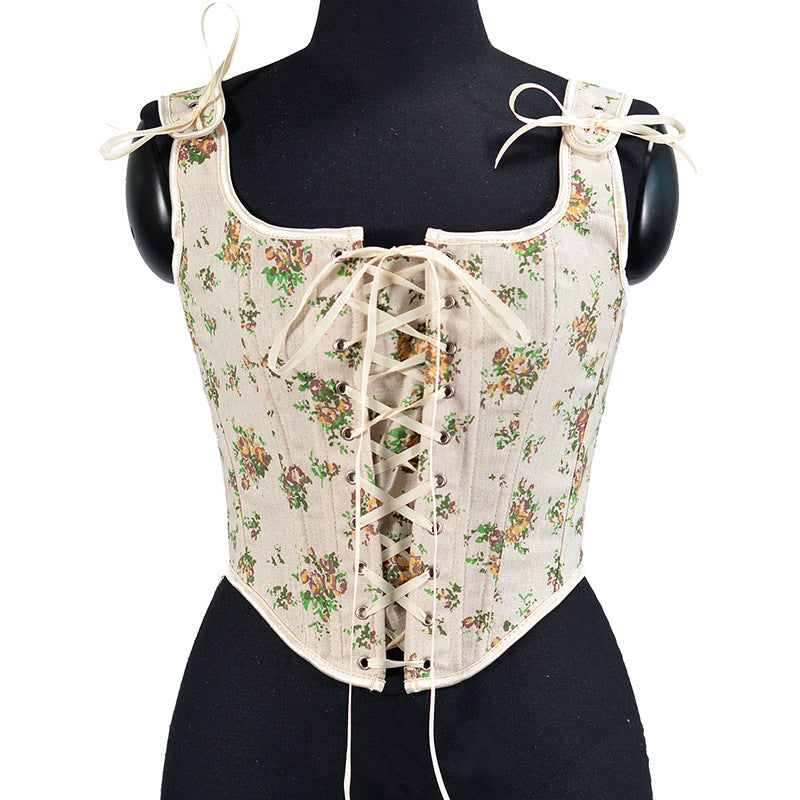 New French Lace-Up Corset Yellow Rose Print Layered Vest Women's Top