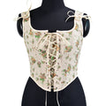 New French Lace-Up Corset Yellow Rose Print Layered Vest Women's Top
