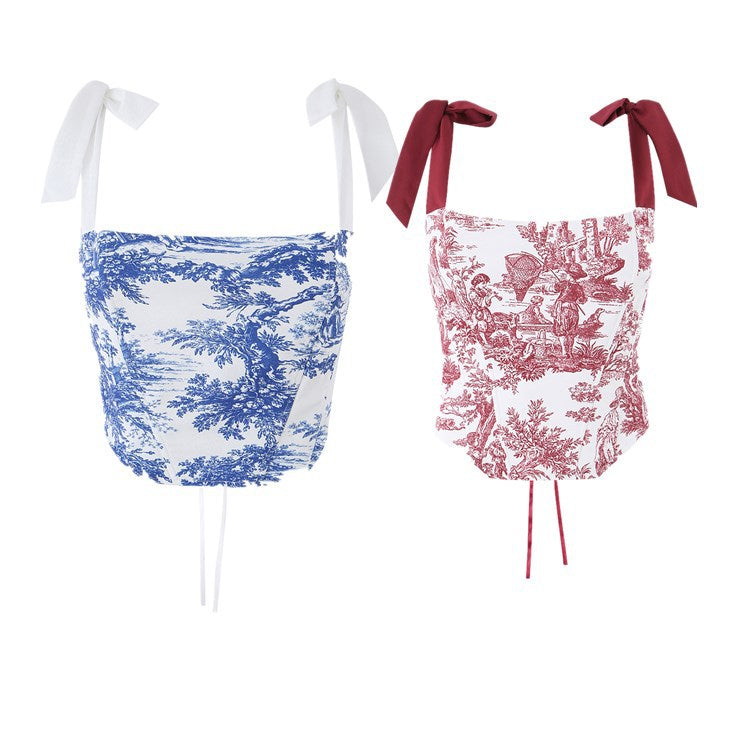 Island Fresh Blue Pattern Bow Corset Strap Top  Sexy Fitted Crop Top Bodysuit