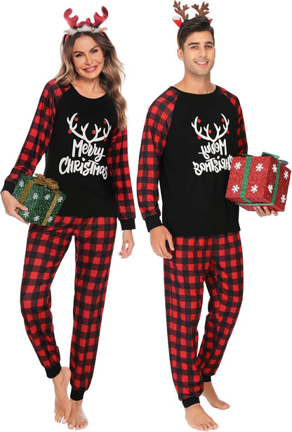 Christmas Matching Couple Pajamas Sets Family Xmas Jammies Casual Long-Sleeve Sleepwear Sets Festival PJ Set