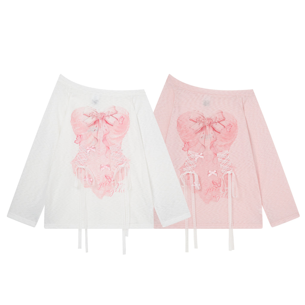 Corset Top with Print, Long Sleeve, Lace-up Belt, Butterfly Decoration, Slim Fit Top