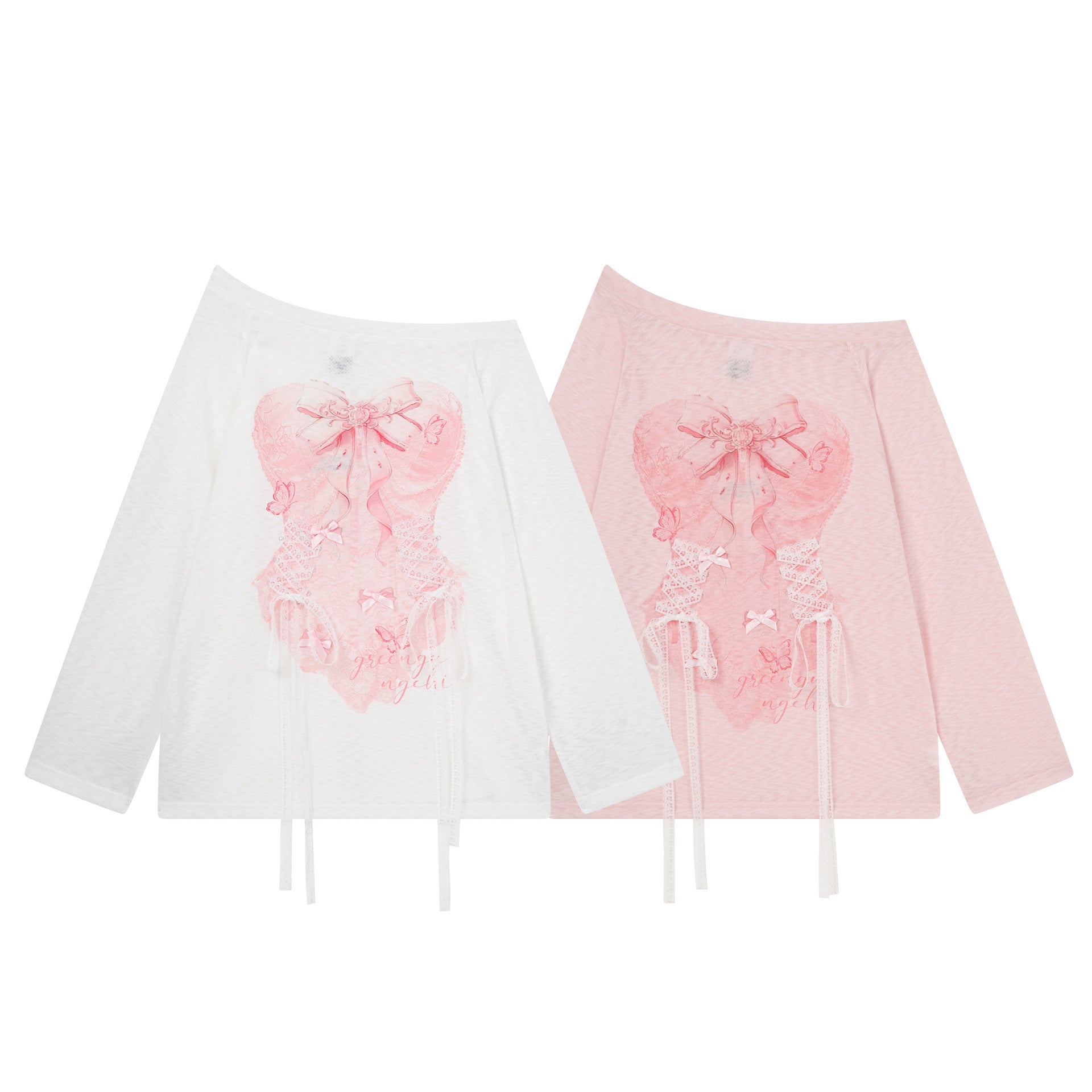 Corset Top with Print, Long Sleeve, Lace-up Belt, Butterfly Decoration, Slim Fit Top