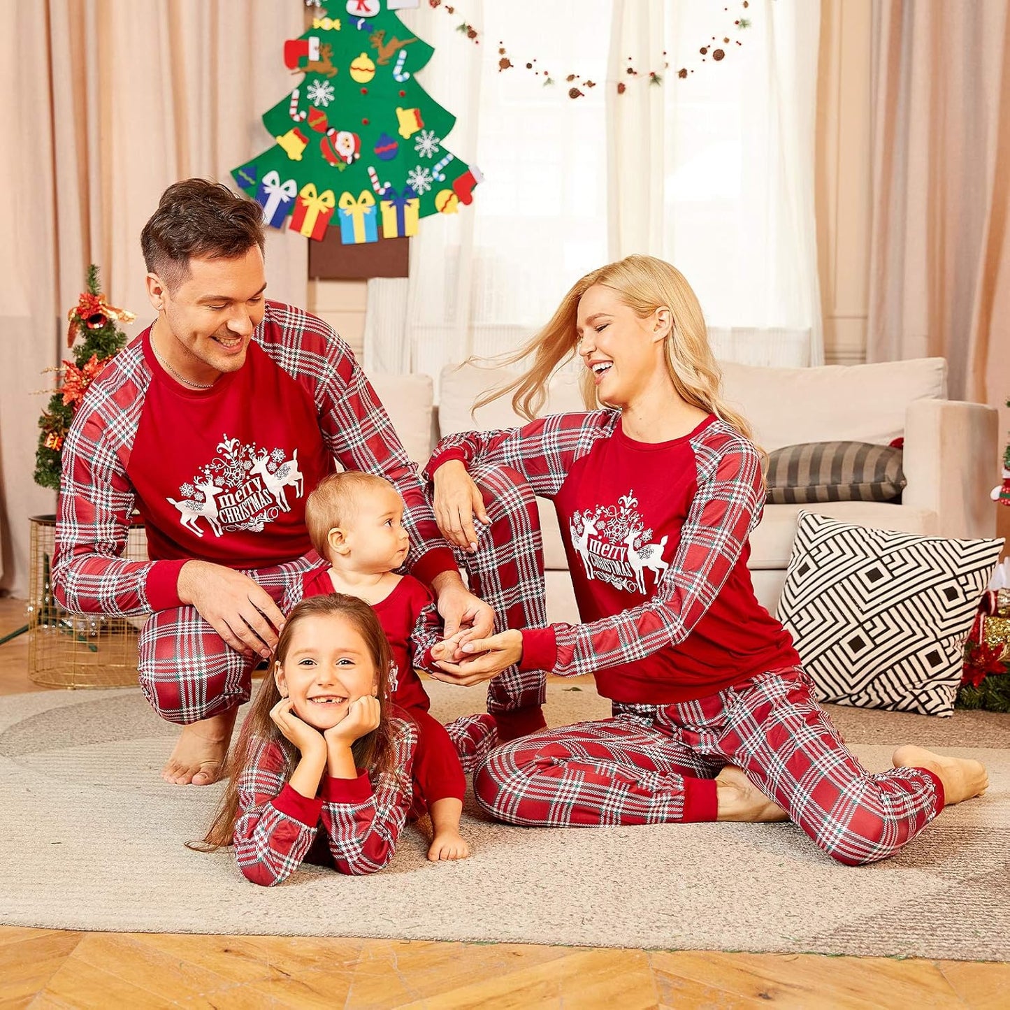 Christmas Pajamas for Family, Matching Family Christmas Pjs Sets Red Elk Tree Printed Top Sleepwear