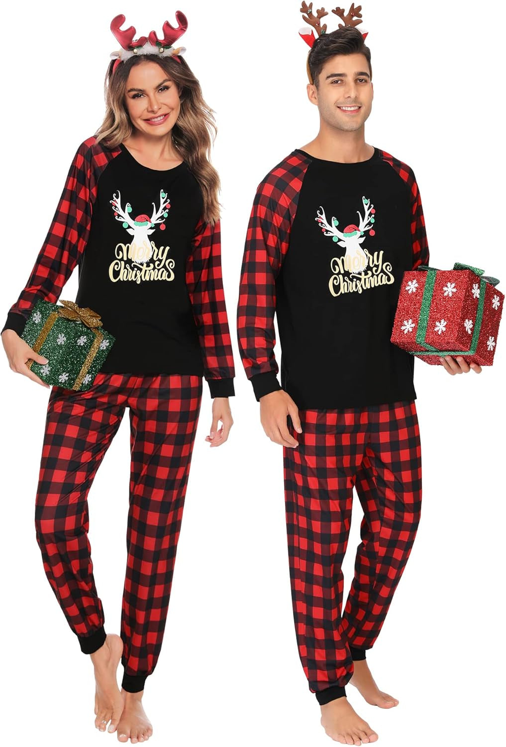 Christmas Matching Couple Pajamas Sets Family Xmas Jammies Casual Long-Sleeve Sleepwear Sets Festival PJ Set