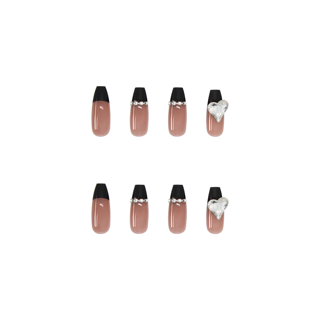 Black French Long Wearing Nail Rhinestone Love Chain Removable Fake Nail Nail Piece Nail Sticker Manicure Nail