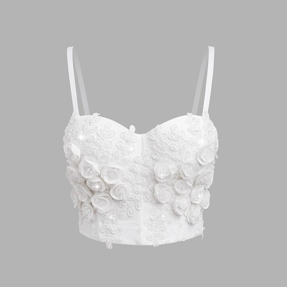 Sexy Bone Corset White Camisole Heavy Embroidered Petal Halter Strapless