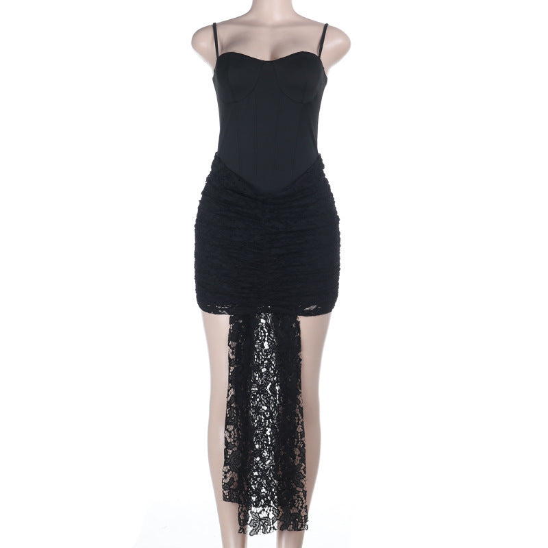 Solid color spaghetti strap lace spliced ribbon elegant high-end sexy corset dress for women