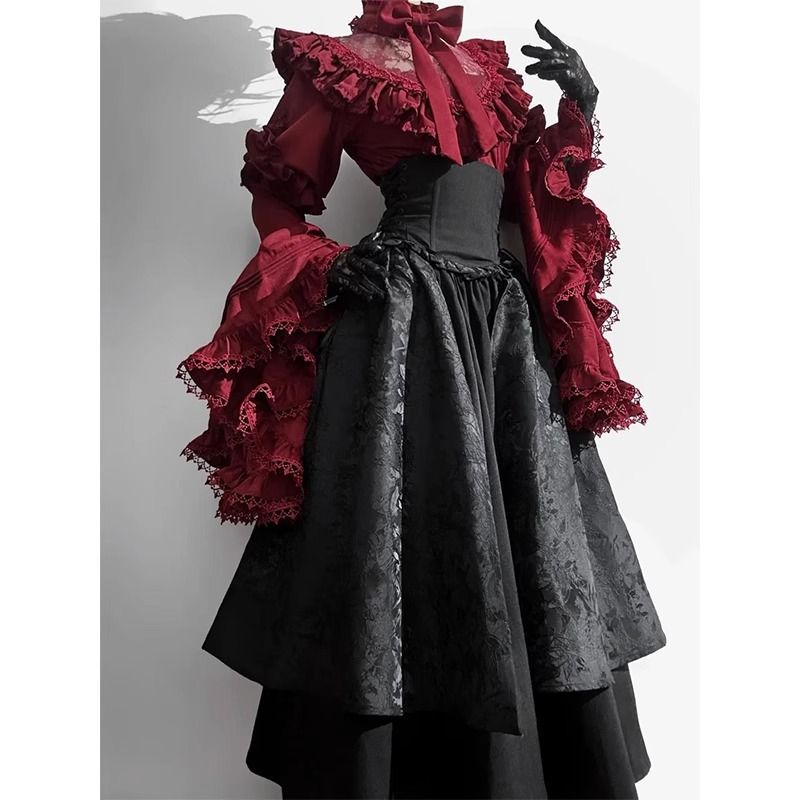 Halloween Gothic Lolita Shirt Corset Skirt Set with Princess Sleeves, Elegant and Lavish Two-Piece Outfit for Women