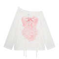 Corset Top with Print, Long Sleeve, Lace-up Belt, Butterfly Decoration, Slim Fit Top