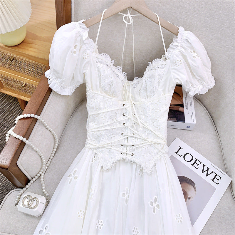 LaceMa Romantic First Love White Dress Vintage Waist Belt False Two-Piece Corset Dress