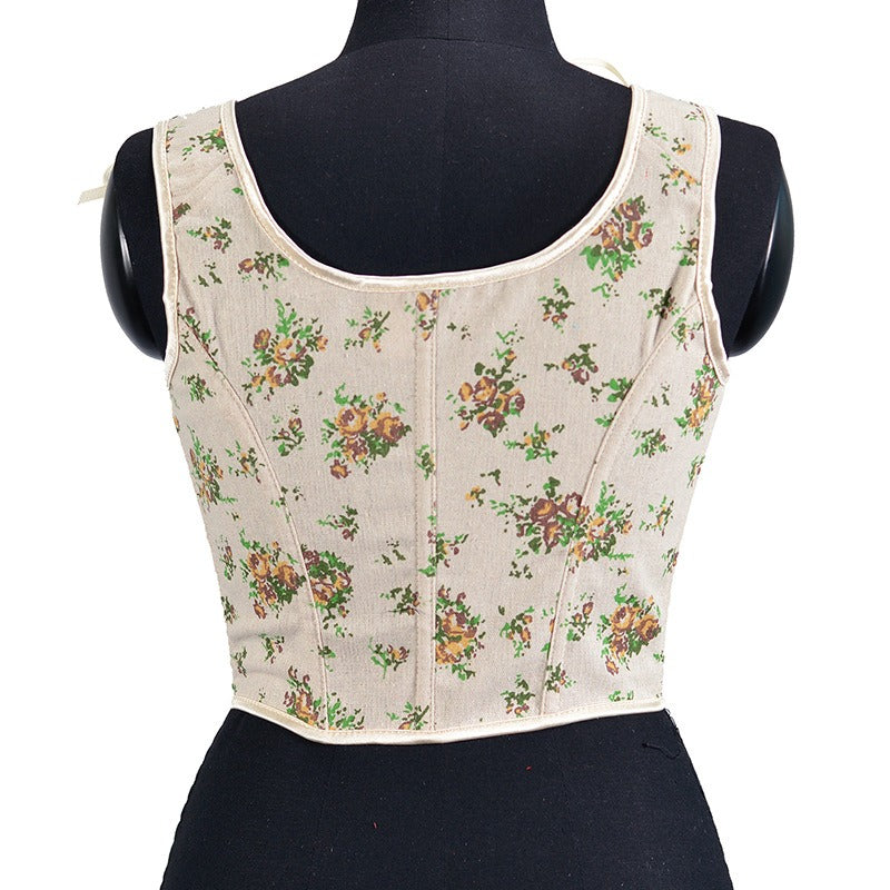 8 front strap French yellow rose print retro fishbone corset short tank top Bustier Crop
