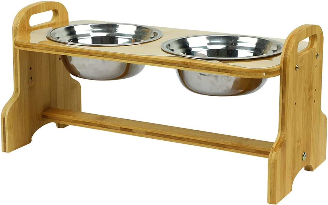 Raised Pet Bowls for Cats and Dogs, Bamboo Adjustable Tilted Elevated Dog Cat Food and Water Bowls Stand Feeder with 2 Stainless Steel Bowls and anti Slip Feet - Adjusts to 4 Heights Pet's Supplies |