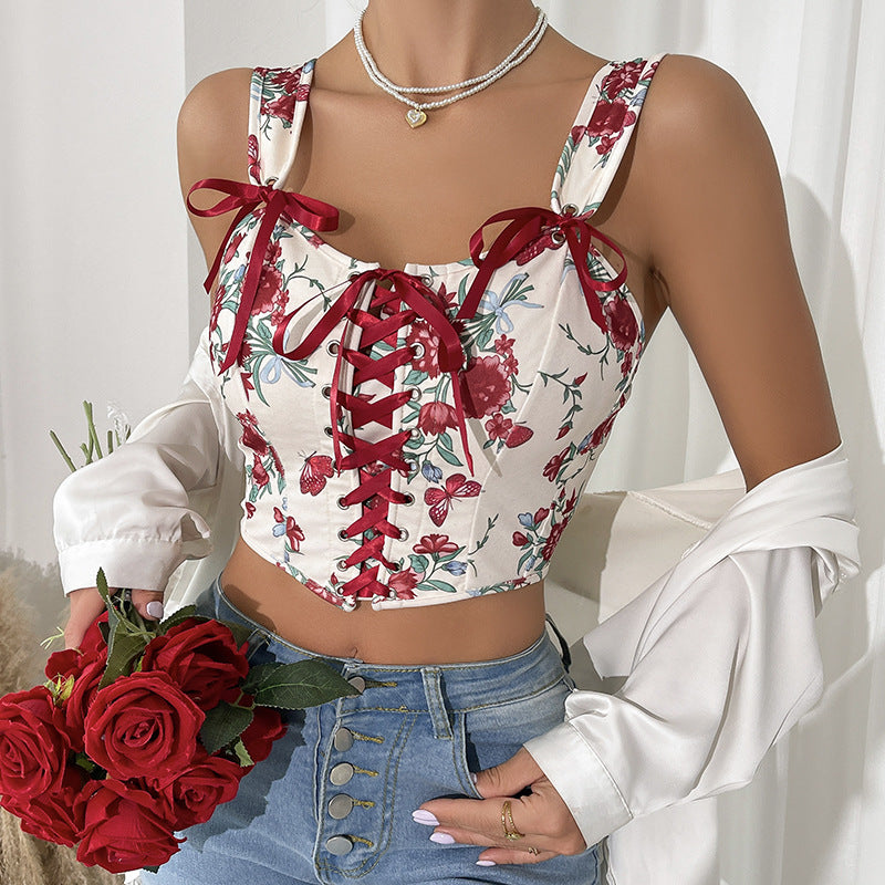 Retro printed sexy short lace up shaping corset with floral suspender vest top