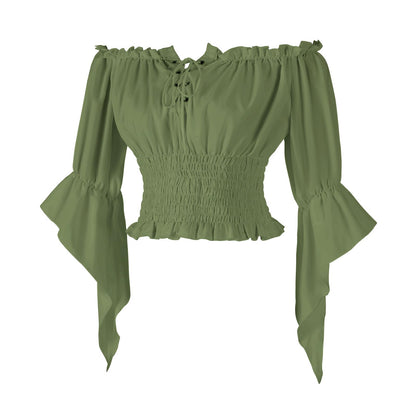 Womens Renaissance Peasant Blouse Off Shoulder Trumpet Sleeve Tops