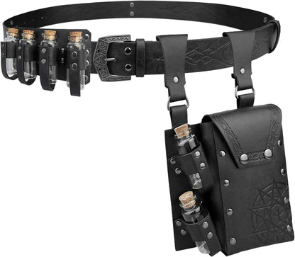 Medieval Alchemy Belt Waist Pack Combo with Multiple Potion Bottles, Viking Rivet Belt Side Pouch for Cosplay