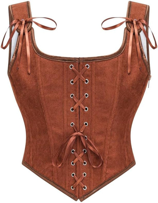 Dreay Womens Vintage Grommet Lace Up Tie Front Corset Bustier Shapewear Top Renaissance Corset Tops for Women