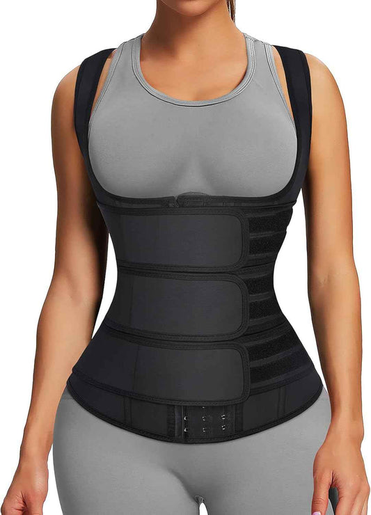 FeelinGirl Waist Trainer for Women Latex Waist Trainers Vest Plus Size Waist Cincher Corset 3 Belts Hooks Steel Bones