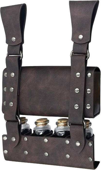 HiiFeuer Medieval Alchemy Faux Leather Belt Bag with 4 Cork Potion Vials, Fantasy Wizard Waist Pouch Side Pack for Ren Faire (Light Brown A)