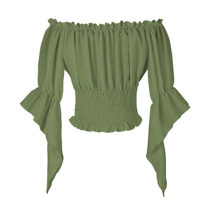 Womens Renaissance Peasant Blouse Off Shoulder Trumpet Sleeve Tops